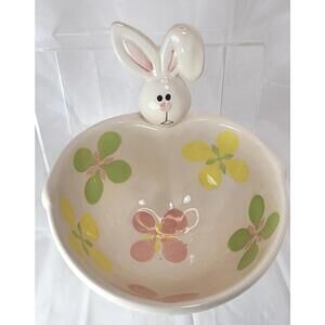 BEAUTIFUL HAND-PAINTED EASTER BUNNY FOOTED CERAMIC BOWL READ DESCRIPTION